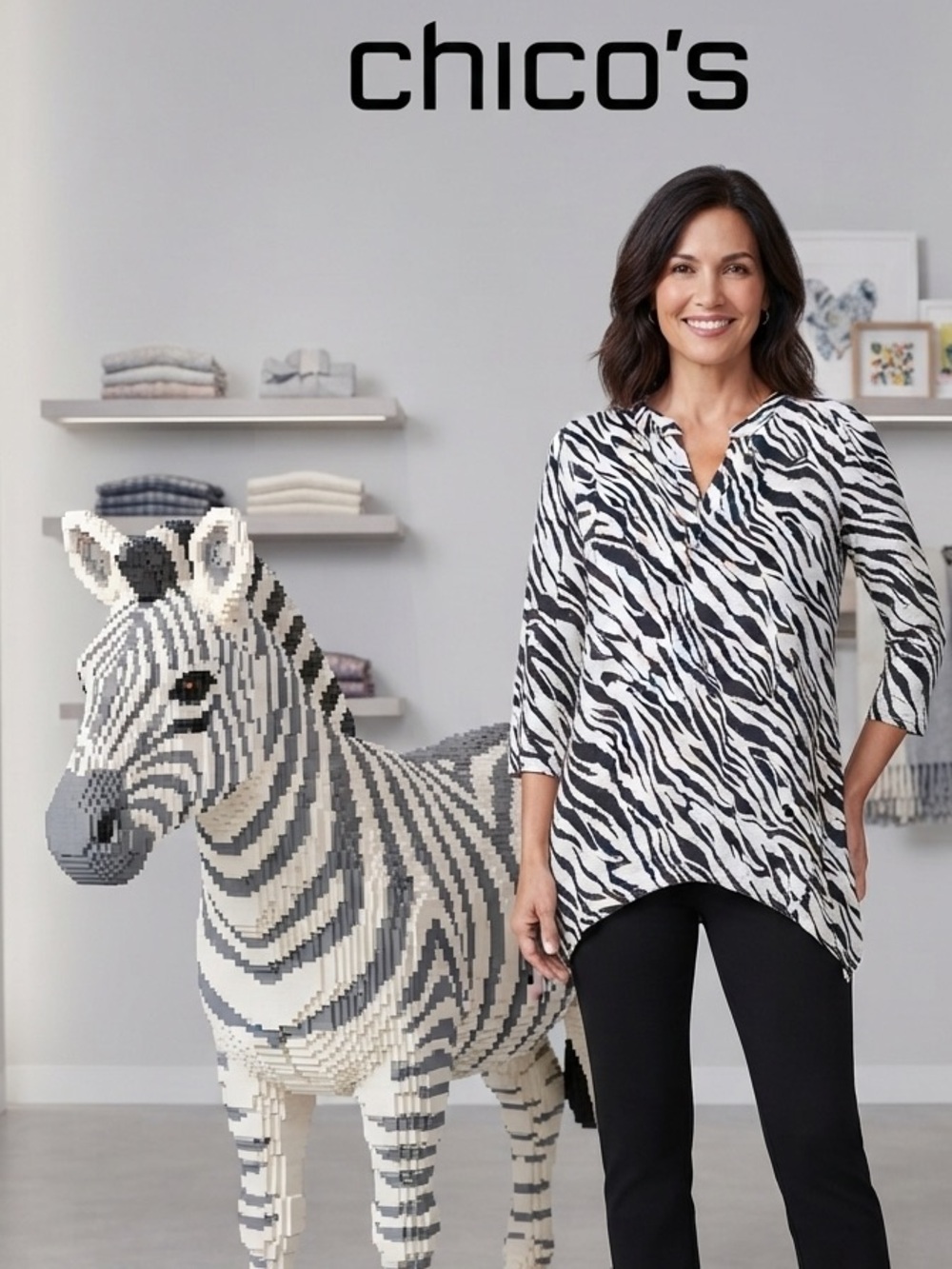 Chico's Black and White Abstract Floral Long-Sleeve Top